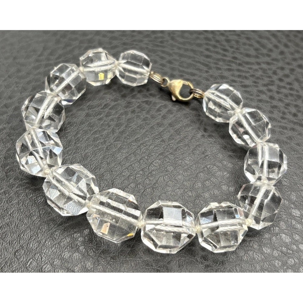 Vintage VTG Clear Chunky Rock Crystal Bead Bracelet Sterling Silver 925 Clasp
